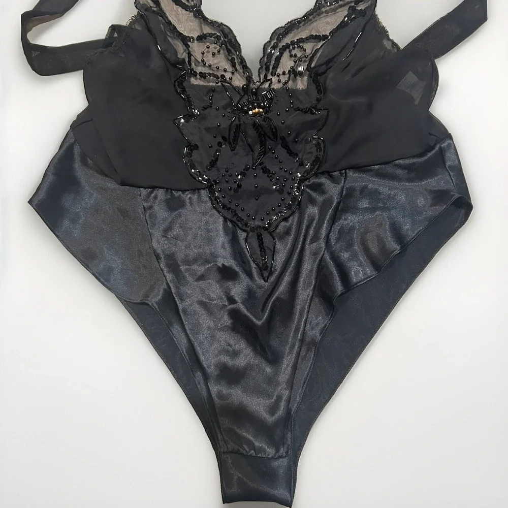 Vintage 80s Mara Black Sheer Satin Beaded‎ Teddy High Cut L Sequin Lingerie